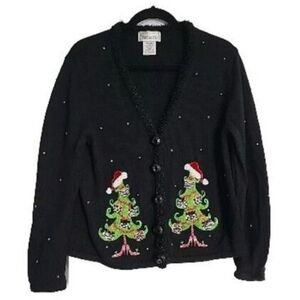 Vintage Mandal Bay Sz M Black Whimsy Button Christmas Tree Cardigan Ugly Sweater